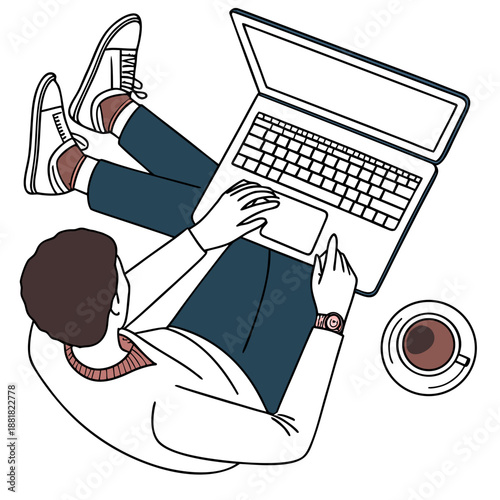 Digital Nomad Working on Laptop with Coffee Vector Illustration