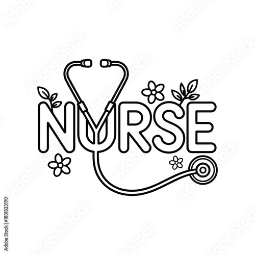 Stylized Nurse Word Art with Stethoscope and Floral Embellishments Isolated on Transparent Background Illustration