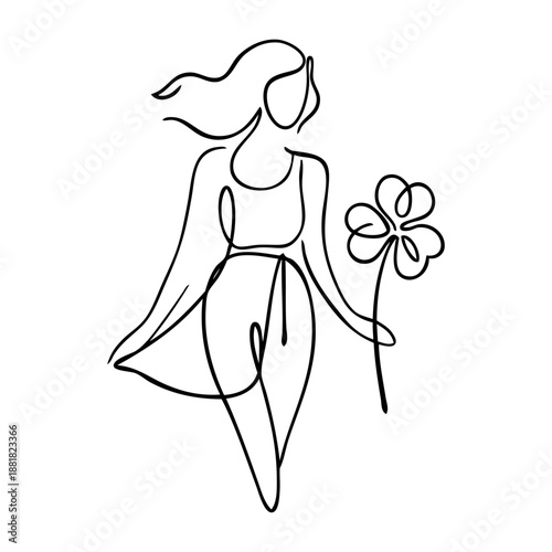 Día de San Patricio. Dibujo sencillo con líneas de mujer de pie con trébol de 3 hojas en la mano 