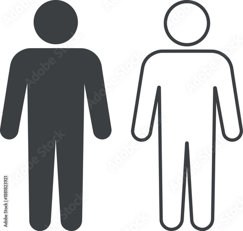 Simple human figure icon set showing filled and outline styles in flat vector design, perfect for UI systems, human body figure silhouettes side by side, gender difference symbol icons isolated