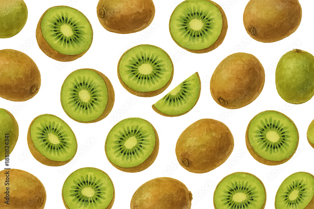 Fototapeta premium Png watercolor kiwi fruit seamless pattern isolated on transparent background. concept of tropical fruit art, organic design, fresh kiwi illustration, healthy food pattern