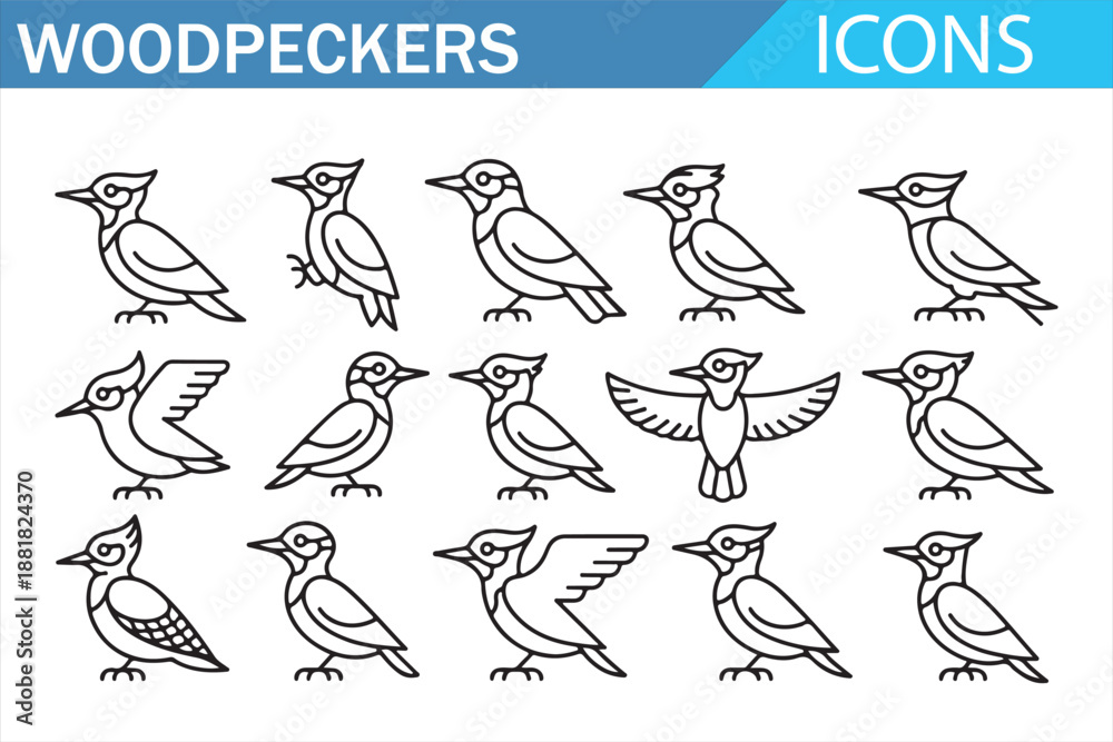 Naklejka premium Woodpecker bird line art icon set for wildlife and ecology projects