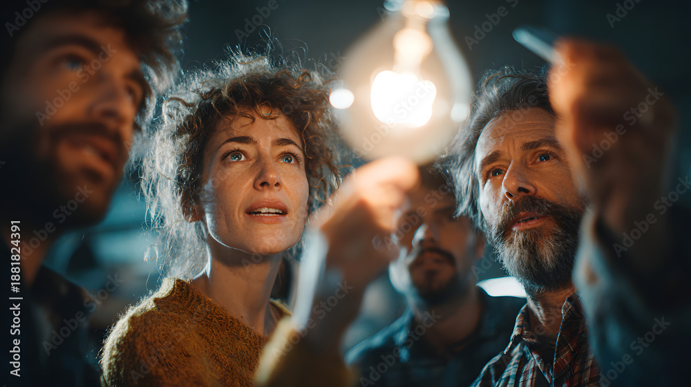 Fototapeta premium Light bulb teamwork brainstorming innovation creativity business meeting idea planning office concept collaboration glowing inspiration group