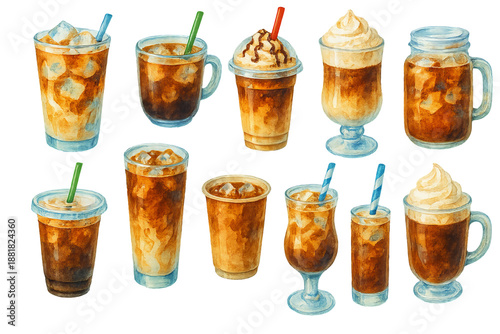 Png watercolor coffee set with iced and whipped variations isolated on transparent background. concept of cafe beverages, refreshing drinks, artistic coffee illustrations