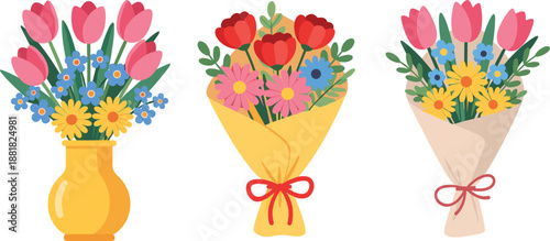 Colorful flower bouquets and vase floral arrangements illustration featuring tulips and wildflowers, decorative spring botanical design isolated on white background for celebration