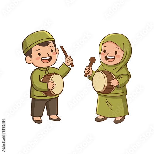Cute Muslim children playing traditional Islamic musical instruments, smiling and celebrating together. Colorful cartoon illustration perfect for Ramadan, Eid, Islamic culture, and kids education them