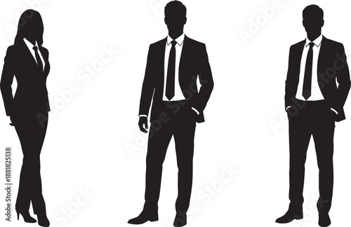 Black silhouettes of a professional businesswoman and two business men in formal suits isolated on white background corporate leadership and office worker team concept