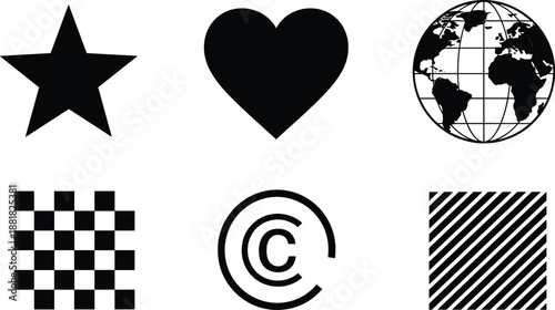 Collection of six black and white graphic symbols including a star, heart, globe, checkerboard, copyright symbol, and stripes