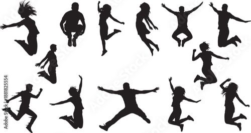 Black silhouettes of diverse people jumping running and celebrating isolated on white background group of active men and women for success and freedom concept