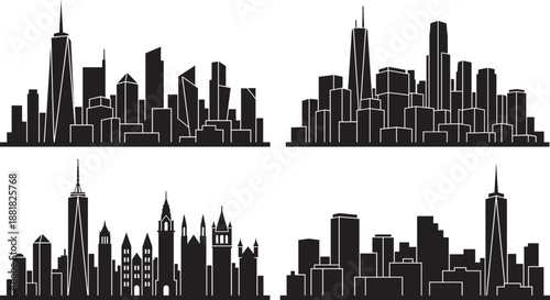 Black silhouettes of diverse urban city skylines and modern skyscrapers isolated on white background metropolis architecture and downtown cityscape for travel and business designs