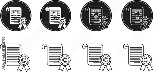 Copyright and idea certificate icons with lightbulb and ribbon in black and white symbol
