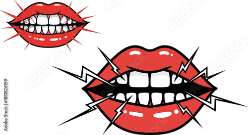 Vibrant graphic design featuring two stylized open mouths with bared teeth radiating sharp white lines suggesting an intense sound or electric shock sensation.