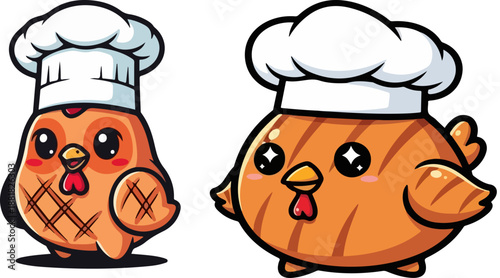 Adorable pair of kawaii cartoon baby chickens cleverly dressed in tall white chef hats ready to prepare delightful meals in a professional kitchen setting.