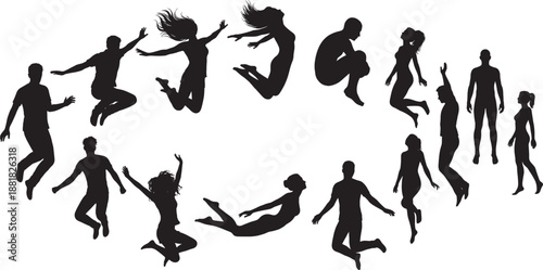 Black silhouettes of diverse people jumping dancing and posing in a circular formation isolated on white background active group success and community concept