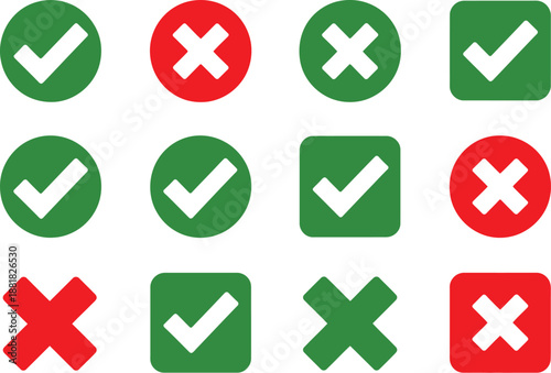 Green checkmarks and red crosses set of icons for voting or decision making