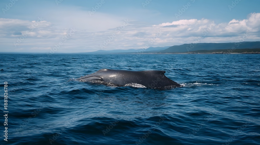 Fototapeta premium Humpback whale surfaces in the vast blue ocean under a bright sky with scattered clouds