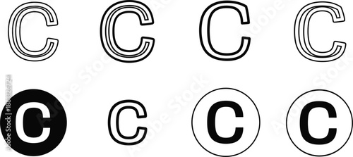 Copyright symbol C variations in black and white line art and solid icons letter