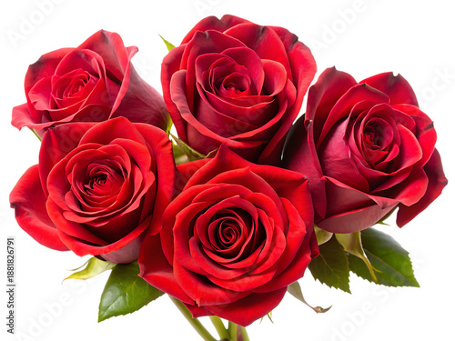 Bouquet of five red roses with green leaves on black background
