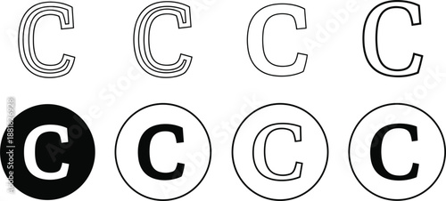 Copyright symbol C variations in black and white outline and solid fill letter C alphabet