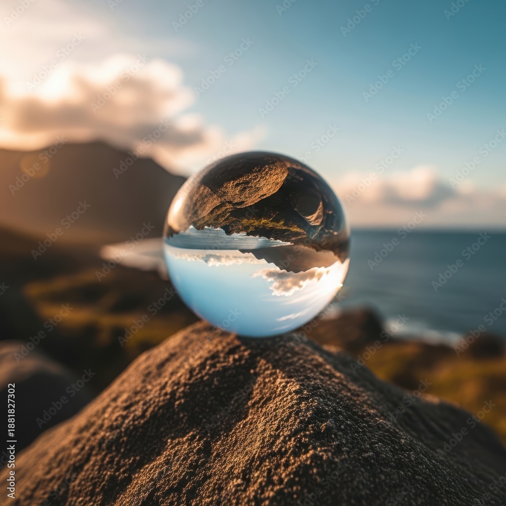 Fototapeta premium Crystal ball on rock with reflective landscape view of ocean and mountains at sunset