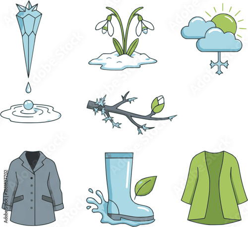 Professional seasonal transition icons. Detailed vector set featuring melting ice, snowdrops, and spring buds. Green and blue transition graphics isolated on white background.