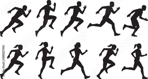 Black silhouettes of diverse men and women running and sprinting isolated on white background group of active people for fitness and marathon designs