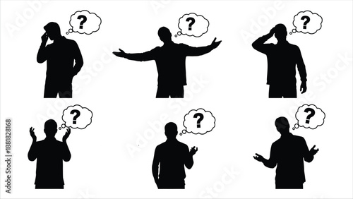 silhouette figures depicting communication questioning and gesturing with speech bubbles and questioning marks