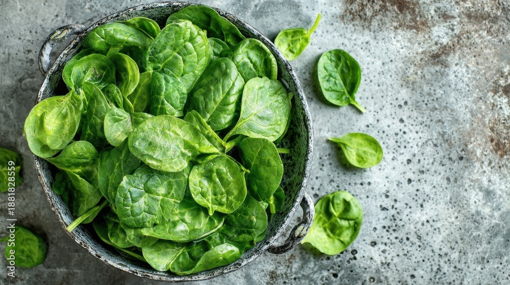 Obraz premium Bunches of vibrant green spinach leaves rest in a rustic bowl on a textured, gray surface. The scene suggests freshness, health, and preparation for cooking a nutritious dish.