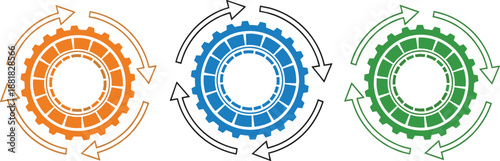 Three Circular Gear and Arrow Icons Representing Process and Cycles vector illustration