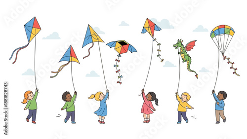 Children Flying Colorful Kites in Air.