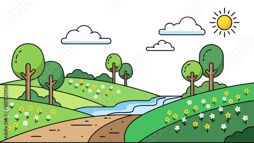 Colorful Cartoon Landscape with Trees and Flowers.
