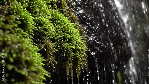 Waterfall mist creating sparkle on mossy rock Shot from slightly further back, emphasizing the interaction of mist and moss.