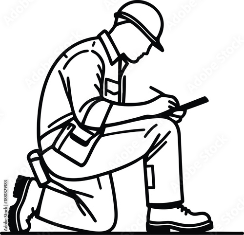 Construction worker in hard hat kneeling and writing on clipboard industrial inspection and planning concept simple line art illustration