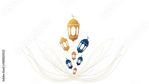 Elegant Islamic Lanterns Falling Gracefully with Subtle Light Trails, Generative AI.