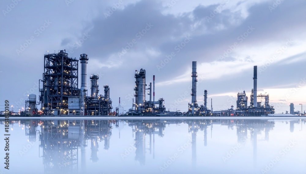 Obraz premium Oil refinery and industrial complex at dusk with reflections in calm water