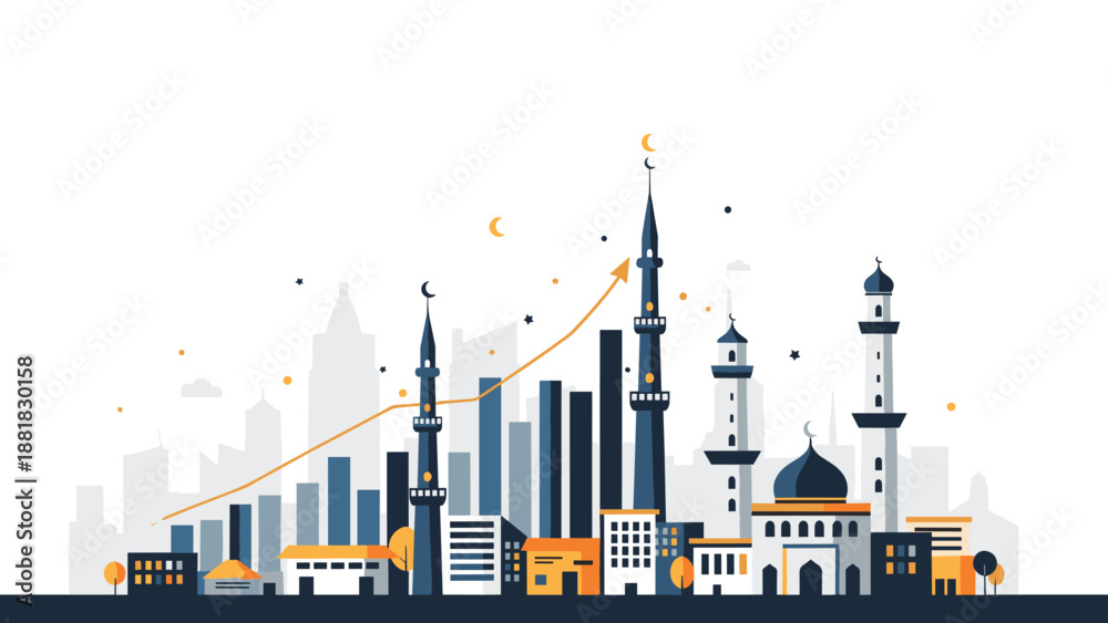 Obraz premium Islamic Cityscape with Mosques and Modern Buildings Representing Growth, Generative AI.