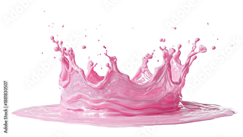 An abstract close-up of a vibrant red and pink liquid splash with transparent aqua drops and paint bubbles isolated on a white background