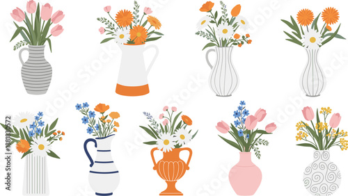 Decorative flower vase collection illustration with pastel floral arrangements, ceramic jugs and vases, modern botanical vector set isolated on white background for home decor design