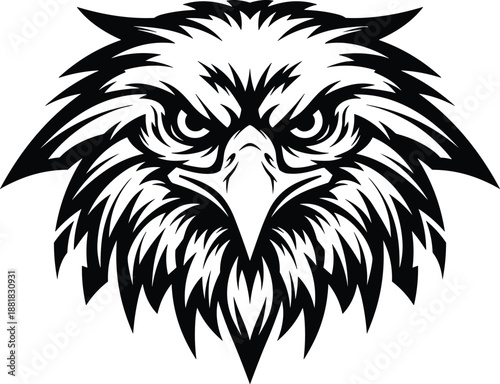 Aggressive bald eagle head mascot illustration in black and white, stylized avian predator face with sharp feathers, powerful bird of prey vector,