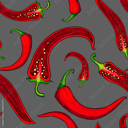 Seamless pattern with red chili peppers hand-drawn illustration featuring spicy chili pods with seeds and green stems, arranged in an ornamental repeating design.