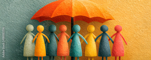 Colorful paper people figures stand together under an open orange umbrella. Symbolizing group protection security for team members. Life and health benefit concept.