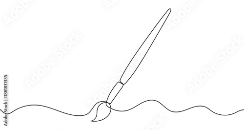 One continuous line of a classic art brush. Line art of a paint brush. Drawing in one line style with a black stroke. Vector illustration.