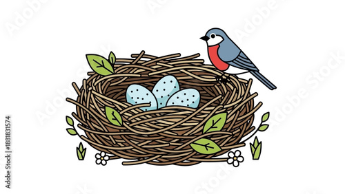 Bird Sitting on Nest with Eggs.