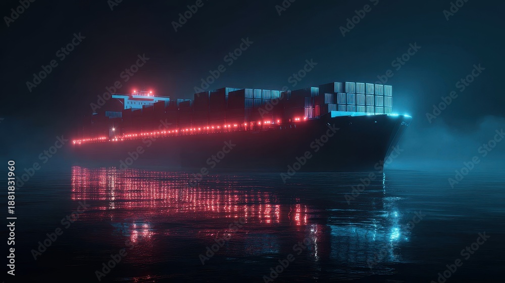 Fototapeta premium Transport vessel, containers highlighted with soft rim light, maritime business theme, 3D illustration. 