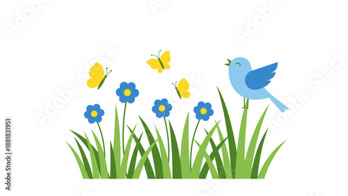 Blue Bird with Butterflies and Flowers.