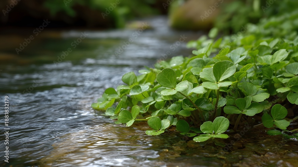 Naklejka premium Lush green aquatic plants grow vibrantly along the edge of a clear gently flowing stream in a serene natural setting