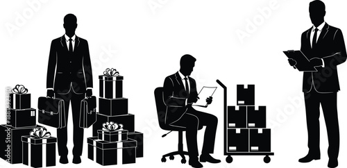 Black And White Vector Illustration Of Businessmen Handling Logistics Featuring Gift Boxes, Briefcases, Clipboards, And Shipping Packages In A Professional Silhouette Style