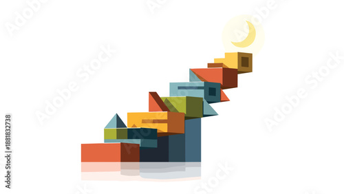 Abstract colorful houses ascending towards bright sun creative concept, Generative AI.