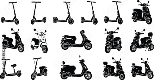 Black electric scooter and motor moped silhouette vector set featuring modern kick scooters city transport icons and motorcycle figures isolated on white background