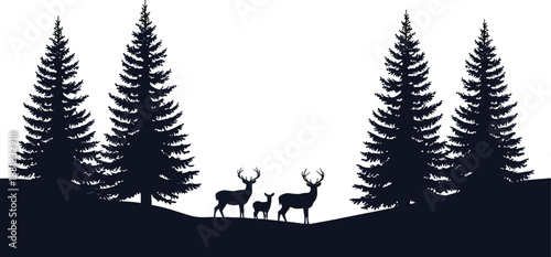 Black silhouette of a deer family with buck, doe, and fawn standing in a pine forest landscape, isolated on a white background.